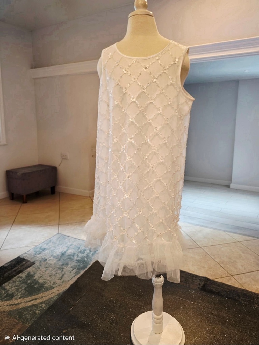 Girls White Embellished Sleeveless Dress - Elegant Party Wear